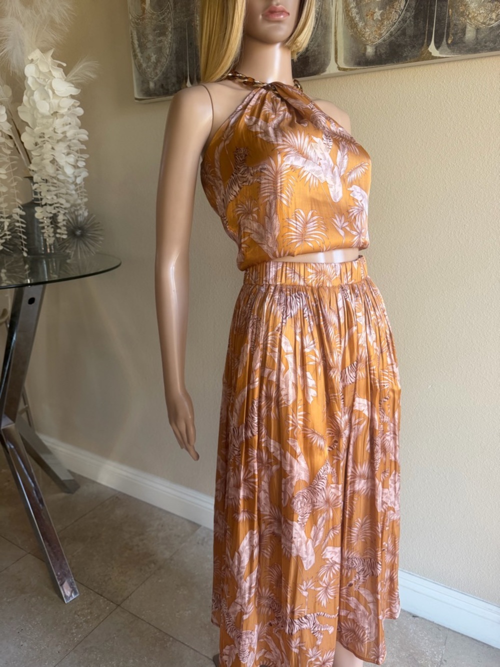 Bailey 44 Mustard Halter Palm-Print Midi Dress ( XS - S)